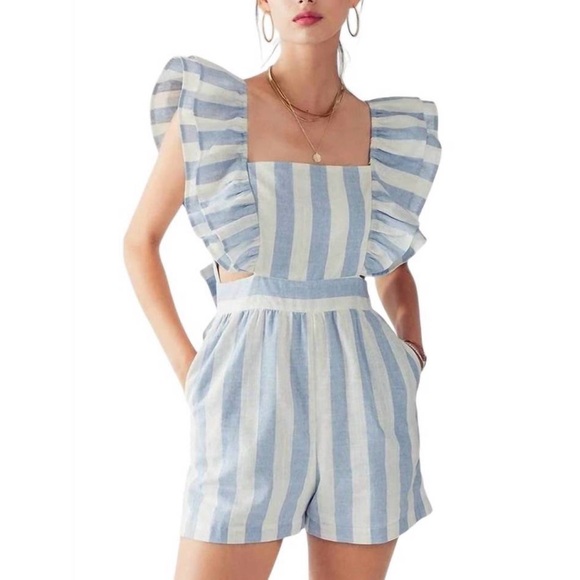 URBAN DAIZY Pants - NEW URBAN DAIZY hailee ruffle striped romper in blue Sz M Summer Resort Beach